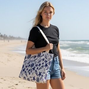 NEW Blue & White Starfish Seashell Clam Shell Reusable Shopping Tote Beach Bag
